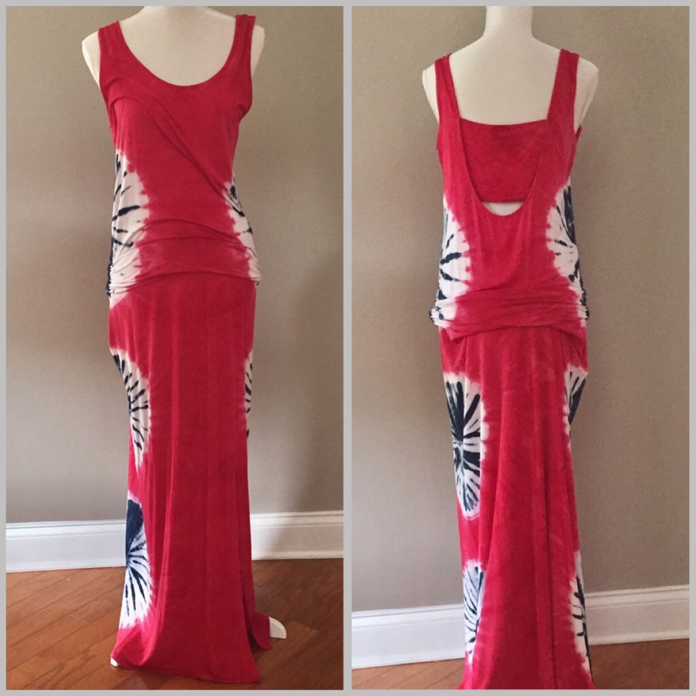 VENUS Red Tie-Dye Maxi Dress with Navy & White Accents